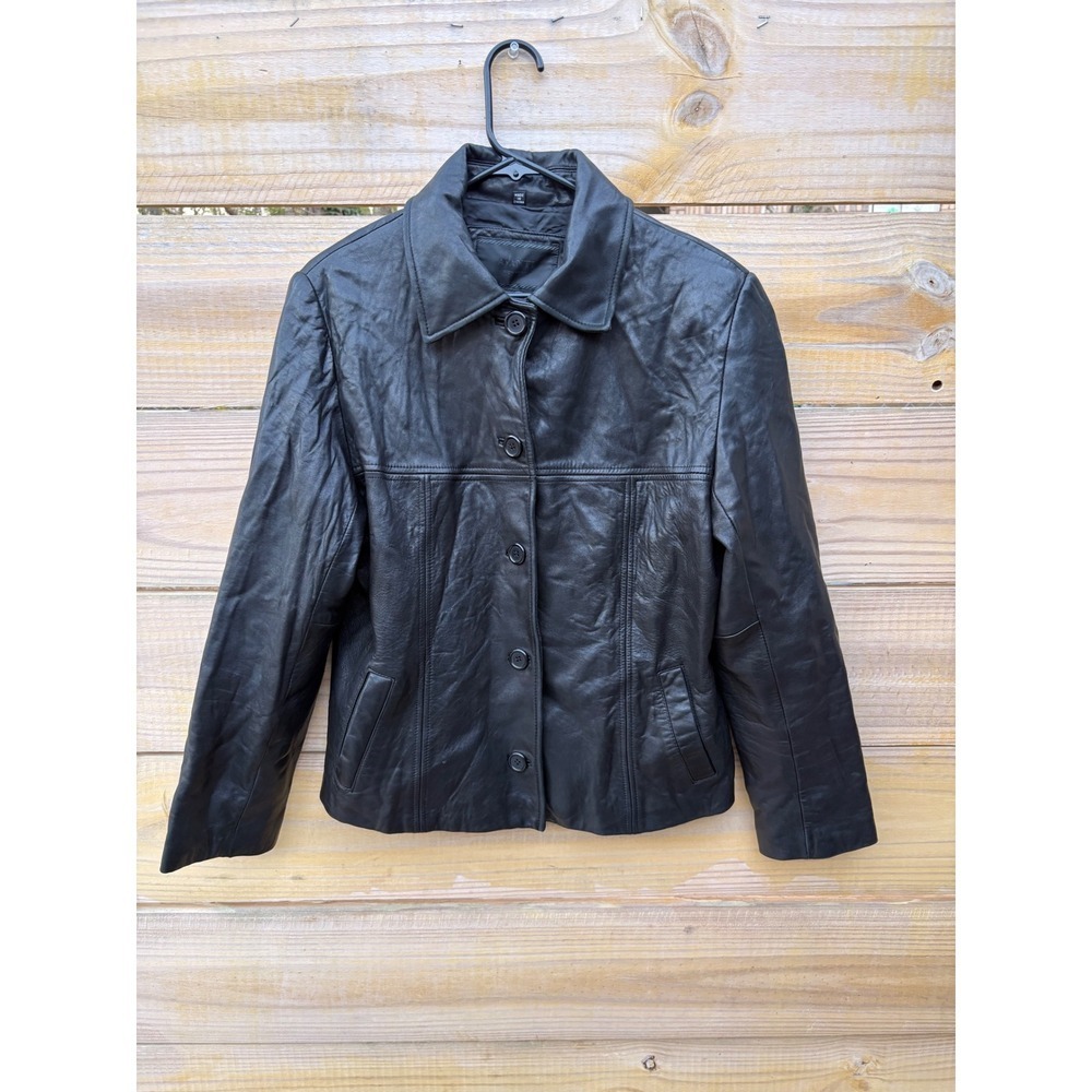 Avanti New York Black Genuine Leather Jacket Button Front Collared Womens Large